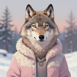 Beatiful portrait of an anthro anthropomorphic wolf wearing a cute cozy soft pastel winter outfit winter Atmosphere. western comic book art, award winning painting