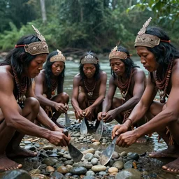 portait of asian prehistoric people, asemble at the river bank, make stone adze from pebble at the river bank in the rainforest, high qulity realistic face, hyper - realistic, highly detailed, 8 k, cinematic lighting, global illumination, elegant, ornate, super detail, the light is dim, and the colours are muted. kodak etkar 1 0 0