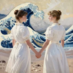 two young edwardian women wearing white dresses hold hands on a beach in Sweden, in the style of Anders Zorn, waves in the style of the great wave off kanagawa