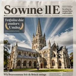 a newspaper front page story about salisbury cathedral spire falling down, photojournalism, news, printed media