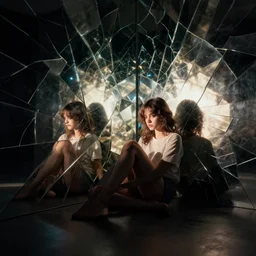 Girl sitting in the corner in the dark lit room with walls made of fractured mirrors creates reflected light patterns, photorealistic render, volumetric lighting, ArtStation, Unreal Engine 5, Octane render.