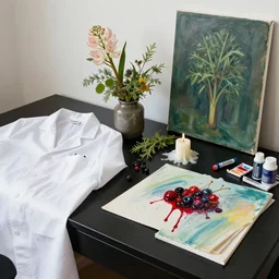 “ pathology supplies on a black table, white lab coat, ikebana, herbs, a candle dripping white wax, squashed berries, berry juice drips, acrylic and spray paint and oilstick on canvas, surrealism, neoexpressionism ”