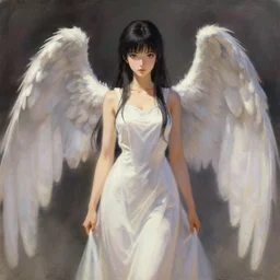 greg manchess painting of anime woman in a dress, long wings, clothed, soft lighting, trending on artstation, by huang guangjian and gil elvgren and sachin teng
