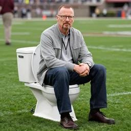 walter white sitting on a toilet in a middle of a football field, fine professional photo