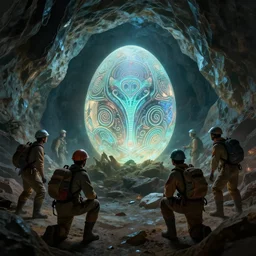 a group of miners discover a glowing alien egg with intricate markings inside a deep diamond cave, concept art, digital painting, trending on artstation, deviantart, highly detailed, perfect composition, dramatic lighting, sharp focus, 8 k uhd