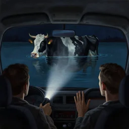 a cow floating at night, pov inside a car, flashlight on, creepy, surrealism, painting by boris vallejo and michael whelan