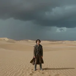 a cinematic wide angle shot of a boy in the movie dune, in a serene vast desert, stormy weather, dry, film still, cinematic, movie still, dramatic lighting, by annie leibovitz