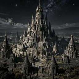 A sprawling view of Anor Londo, Dark Souls in a starry night