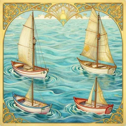 small colourful cute boats in the waving sea, illustration, intricate details, detailed illustration, octane render + johanna rupprecht style, art by artgerm and greg rutkowski and alphonse mucha trending on artstation