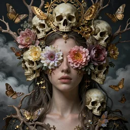 ornate, intricate, young, beautiful, woman, ethereal, flowers covering eyes, skulls, art by emil melmoth, gustave dore, craig mullins, yoji shinkawa, art germ, pete morbacher, hyper detailed, high detail, artstation, hyperrealistic, unreal engine 5, cinematic, branches, ghost, clouds, colors, moths, gold, morbid headpiece,