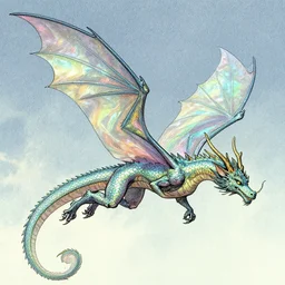 a beautiful iridescent flying dragon, graphic novel illustration, mucha rackham williamblake