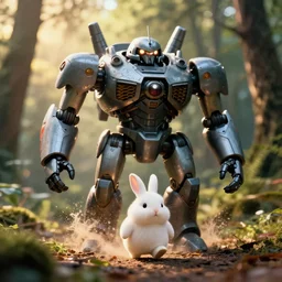 a 3 5 mm photo from the front of a giant mecha armored war delorean robot as chubby cute rabbit walking in the woods, splash art, movie still, bokeh, canon 5 0 mm, cinematic lighting, dramatic, film, photography, golden hour, depth of field, award - winning, anamorphic lens flare, 8 k, hyper detailed, 3 5 mm film grain