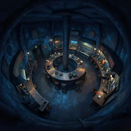 underground, basement, fisheye spiral, naive, extra narrow, detailed illustration of a tavern kitchen, large floor, dimly lit by rhads from lorax movie, trending artstation, dark blue