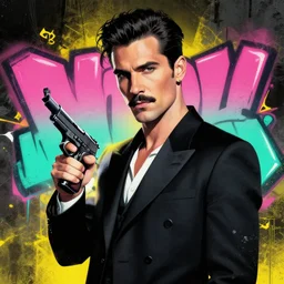 detailed portrait of the elegant man, in the style of rob lefield and dan mumford, holding a pistol, short moustache epic gradient, by atey ghailan, by greg rutkowski, by greg tocchini, by james gilleard, by joe fenton, by kaethe butcher, gradient pink turquoise, graffiti tag, 8 k, black and yellow color scheme, grunge aesthetic.