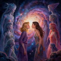 a psychedelic realm at the edge of the known universe, astral beings sharing love, in the style of greg rutkowski and wlop and lisa frank and bob ross and ruan jia, illustration, epic, fantasy, hyper detailed, smooth, unreal engine, sharp focus, ray tracing
