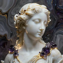 abstract highly detailed female sculpture portrait made of white marble and dark amethyst crystals quartz, ethereal lights, fine details, artstation, film still, rim light, cinematic photoshooting, luxury, 8 k, intricate golden filigree, octane render, hypperrealistic painting, abstract liquid acrylic art. cinematic still.