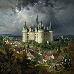 highly detailed castle and surrounding village, panorama, thunderstorm, foliage, knights, people by Edward Hopper, David Hardy and Ernst Haeckel