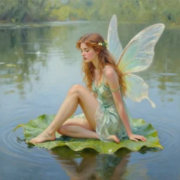 beautiful fairy sitting on a leaf in a middle of a lake, oil paint trending on artstation, unique art style
