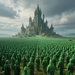 thousands of green monks and a beautiful, vast, photo - realistic, surreal, and mysterious sci - fi castle outside under the sky. trending on gothic art.