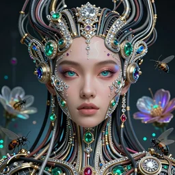 very beautiful woman integrating with technology, full face frontal centered, portrait, insipiring, detailed intricate ornate cables connected to head, big open electric eyes, luxurious detailed abundent wiring and implants, diamonds, ruby, sci - fi, neon, emeralds, detailed technology background with cyber flowers and insects, highly detailed, artstation, cgsociety, 8 k rene lalique and guy dening