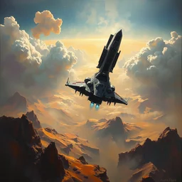 a single galactic battlecruiser entering the atmosphere above a majestic landscape, highly detailed oil painting, impasto brush strokes, soft light, 8 k, cyberpunk colour palette, dramatic composition, dramatic lighting, sharp focus, concept art, masterpiece, by adrian ghenie and jenny saville and zhang jingna
