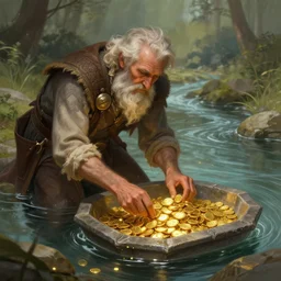 an old man panning for gold in a river, deep focus, d & d, fantasy, intricate, elegant, highly detailed, digital painting, artstation, concept art, matte, sharp focus, illustration, hearthstone, art by artgerm and greg rutkowski and alphonse mucha