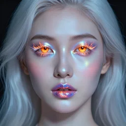 beautiful portrait of a middle eastern woman with holographic light makeup, eyes of fire, glitched lipstick, porcelain hair, translucent skin, surreal, in the style of steven meisel, detailed