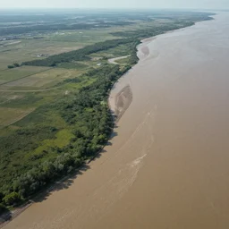 top view of muddy river delta joining sea by hiroshi yoshida, ridley scott, roger deakins, turner, rothko, hyperrealistic, cinematic tock plateau north american landscape, matte painting, fluid simulation, trending on artstation, 8 k high detail concept art, rendered in octane
