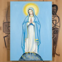 light blue, virgin mary of lourdes painted by cy twombly and basquiat