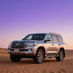 toyota land cruiser in desert, sunset, purple gradient sky,