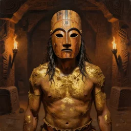 masterpiece portrait painting of a native incan man covered in mud and gold wearing a wooden mask, in a darken incan dungeon decorated hall, torchlight, by greg rutkowski and noah bradley, trending on artstation