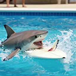 a shark eating a surfer in a swimming pool