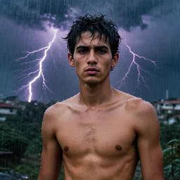 masterpiece portrait of a ( ( ( rain drops ) ) ), ( ( guapo joven cubano principe machote sin camisa ) ), tormenta y magia, relampagos, concept character, by greg rutowski and tezuka and oi and mucha and bierstadt and remington, trending on artstation