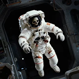 movie film still of a dead astronaut floating in zero gravity, spaceship room, science fiction, dark, skull, highly detailed, 4 k, directed by david fincher