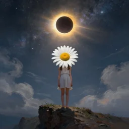 wearing giant white daisy flower head, girl standing on cliff, surreal photography, solar eclipse, milky way, dramatic light, impressionist painting, clouds, digital painting, artstation, james gilleard, liam wong, jeremy mann, simon stalenhag