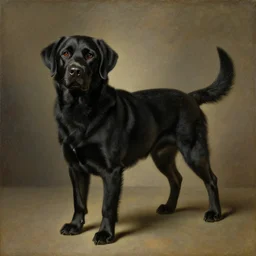 an old black labrador dog in baroque style oil painting. dutch masters style. detailed. hq.