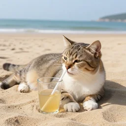 realistic photo of a cat chilling out on the beach and drinking from a glass with a straw