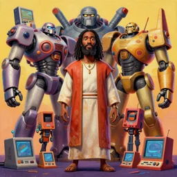 stylish caricature 3 d vfx drew struzan movie poster art of an african jesus surrounded by giant mecha & retro gaming consoles, art style by james jean & hsiao - ron cheng, unreal engine render, digital illustration, sharp, intricate detail, volumetric lighting, ray tracing, soft light, colourful, claymation style, ernie barnes style, symmetry, acrylic on canvas, pinterest,