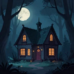fairytale cottage in haunted woods with moonlight, dark and gothic, full frame, art by brom and kay nielsen, color illustration, vector art, sharp focus