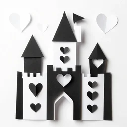 Black and white hearts in layered papercraft castle towers form, vivid, vibrant, geometric, art nouveau, art deco, vraytracing, artstation. Layers of infinite density, ultra-realism, spacetime envelopment