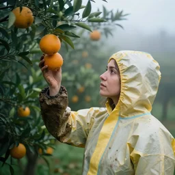 a closeup portrait of a woman wearing a hood made of muddy hazmat hood, picking oranges from a tree in an orchard, foggy, moody, photograph, by vincent desiderio, canon eos c 3 0 0, ƒ 1. 8, 3 5 mm, 8 k, medium - format print
