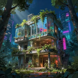 a beautiful hyperdetailed render of city abandoned villa urbex architecture building by ron walotsky, gem thermal vision nature forest neon signs sunlight tron studio ghibli tokyo nightsky made of glass, archdaily, wallpaper, highly detailed, trending on artstation.