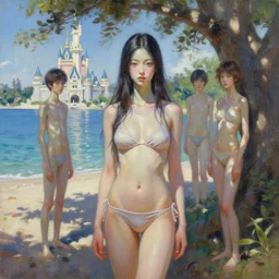oil painting by ilya kuvshinov,, baugh casey, artgerm craig mullins, sakimichan, coby whitmore, of a youthful japanese girl, long hair, fully clothed bikini at the beach, highly detailed, otherworldly face, disney palace in background studio photography, noon, intense bounced light, water reflection, large tree casting shadow, serine intense sunlight in the style of zack snyder