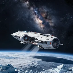 very detailed photoillustration of a science fiction spaceship landing on an ice-covered planet, night, space, stars, Milky way