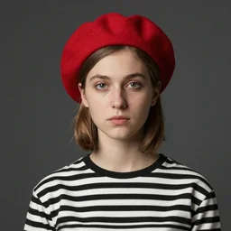 portrait of a young woman, wearing a red beret and ( black and white striped clothes ), by vladimir makovsky, and donato giancola.