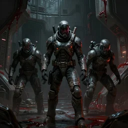 concept art by greg rutkowski, people dressed in futuristic riot gear, sneaking through the interior of the colony, brutalist and desolate appearance, low lighting, reddish ooze on the walls, in a claustrophobic, futuristic and brutalist environment, frightening and creepy atmosphere, scifi, digital painting, artstation, concept art, smooth, sharp foccus ilustration, artstation hq