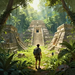 a backpaker standing in an overgrown aztec village in the jungle highly detailed digital painting, concept art by yongfei liu, alben tan, vance kocas, octane rendered, low angle, god rays
