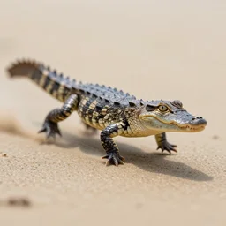 action photography, long shot, award winning macro photo of an ultra detailed intricate tiny crocodile running insanely fast on the sand, fast shutter speed, motion blur, tiny gaussian blur, highly detailed, highly intricate, depth of field, national geographic