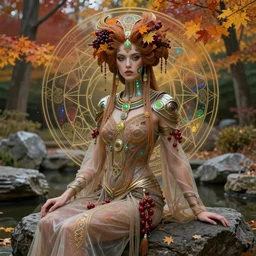 cyberpunk aztec goddess in a zen rock garden, by Peter Kemp, by Artgerm, autumn, glamorous hairstyle, vermont fall colors, wearing translucent earthtone fashion, art nouveau by Brian Froud, berries, cosmic, gnostic, sacred geometry, glowing cybernetics, by Alphonse Mucha, highly detailed concept painting with cinematic lighting, trending on art station