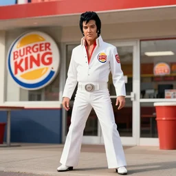 elvis wearing a jumpsuit while standing outside a burger king
